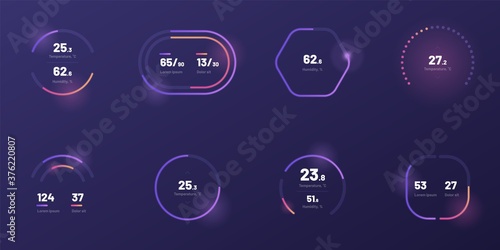 Set with collection of indicator template. UI and UX Kit. Control center design with progress bar or temperature control. Black background. Eps 10.