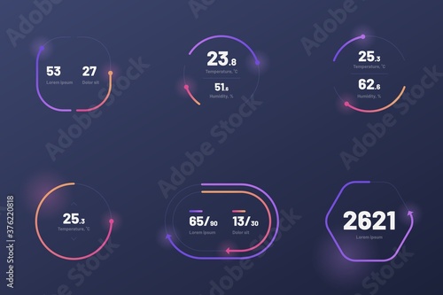 Set with collection of indicator template. UI and UX Kit. Control center design with progress bar or temperature control. Black background. Eps 10.