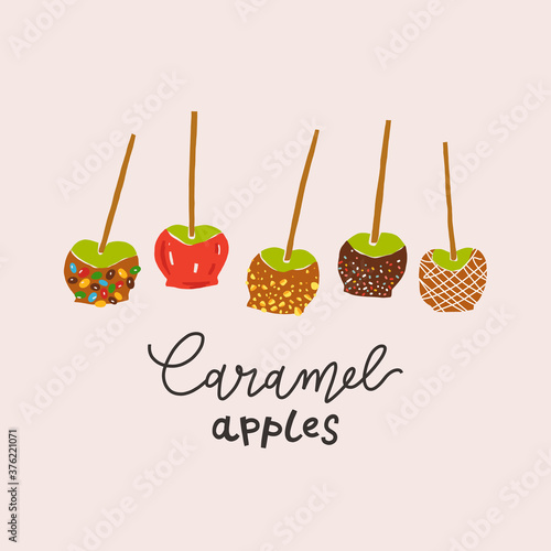 Caramel apples set, various taffy or toffee apples-on-a-stick decorated with various topping with caramel or red dipping, hand drawn modern illustration with lettering