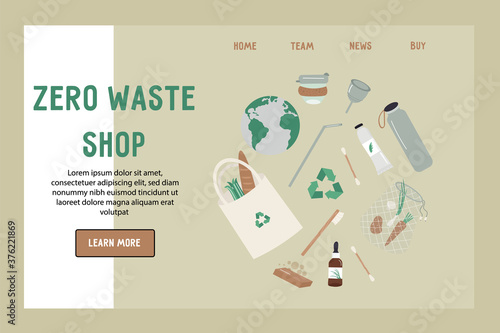 Template vector website of zero waste shop. Landing page concept. Green items, planet Earth and recycling icon, reusable things, recycling sign, green products and cosmetics. Vector flat illustration.