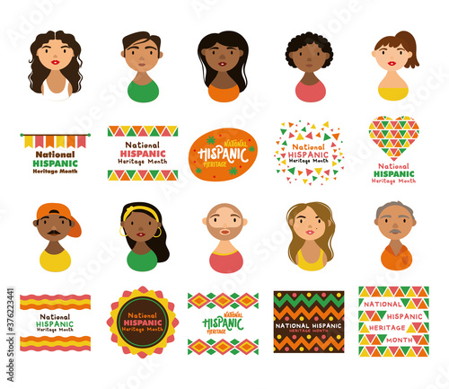 people characters and national hispanic heritage letterings flat style icons