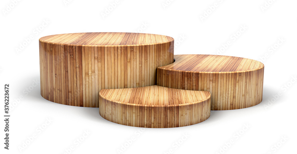 Wooden podium in cylinder shape for winner and product display. 3d illustration. Wooden podium in cylinder shape for winner and product display. 3d illustration.