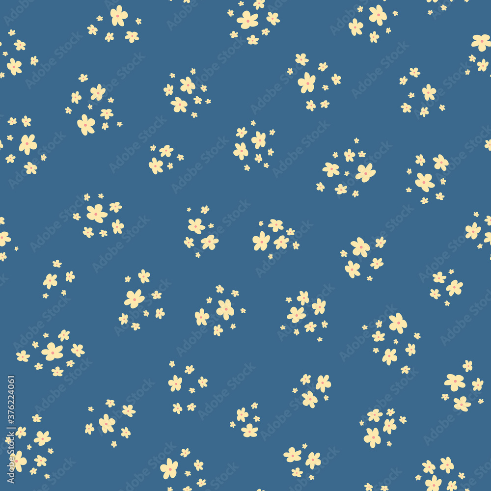 Vector seamless pattern with small yellow pretty flowers on blue backdrop. Liberty style wallpapers. Simple floral background. Elegant ditsy ornament. Cute repeat design for print, decoration, fabric Vector seamless pattern with small yellow pretty flowers on blue backdrop. Liberty style wallpapers. Simple floral background. Elegant ditsy ornament. Cute repeat design for print, decoration, fabric