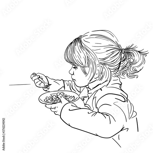 Drawing of cute little girl eating food with fork from plate, Child having lunch, Vector sketch Hand drawn illustration