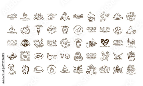 bundle of fifty world food day celebration letterings line style icons