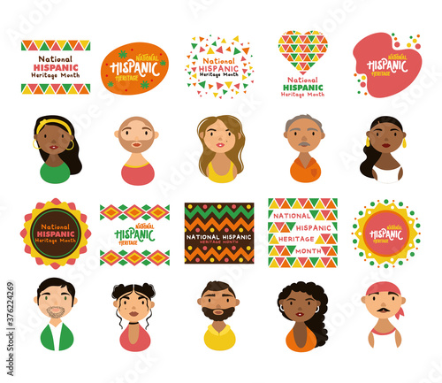 people characters and national hispanic heritage letterings flat style icons