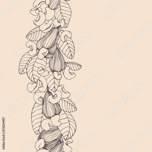 vertical seamless pattern of peeled cashew nuts, leaves & fruits, for ornaments, menu decorations, color vector illustration with sepia contour lines on a milky background in a hand drawn style