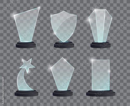 Glass trophy award with dark stand. Vector awards on transparent background