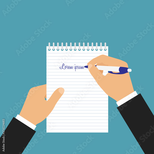 Flat design illustration of manager hand holding paper pad and writes text with pen, vector