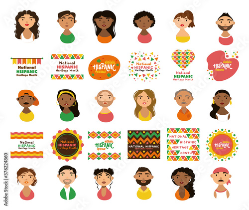people characters and national hispanic heritage letterings flat style icons