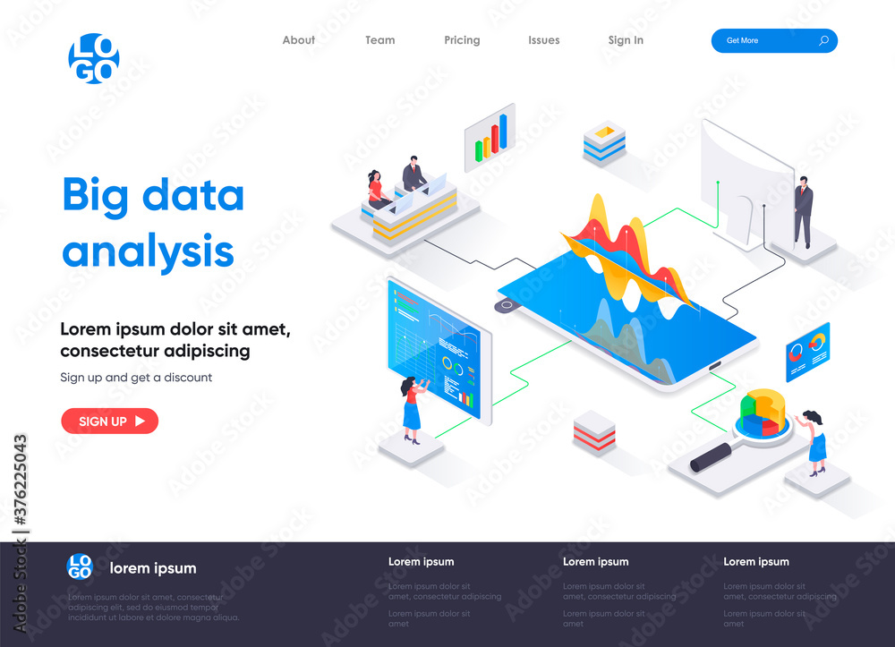 Big data analysis isometric landing page. Analytics and business intelligence isometry concept. Online analysis tools, software development company web page. Vector illustration with people characters