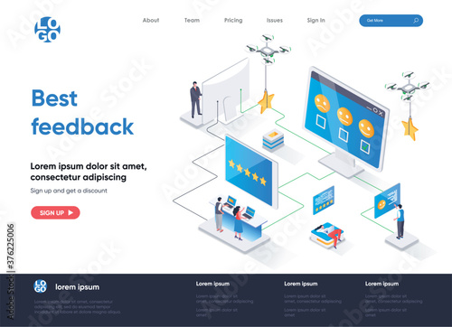 Best feedback isometric landing page. Online customers opinion, rating and review isometry concept. Social media marketing, feedback comment flat web page. Vector illustration with people characters.