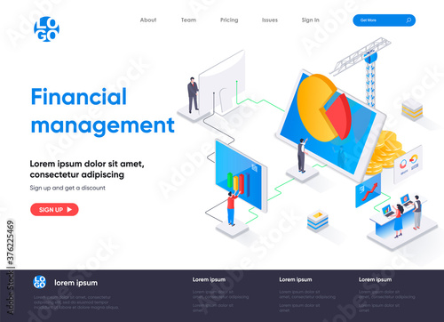 Financial management isometric landing page. Data analysis and strategy planning isometry concept. Business forecasting and risk management flat web page. Vector illustration with people characters.