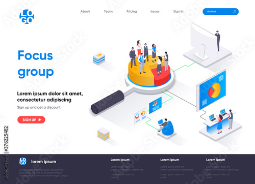 Focus group isometric landing page. Market research method isometry concept. Collective discussion and feedback, focused interview of consumers web page. Vector illustration with people characters.