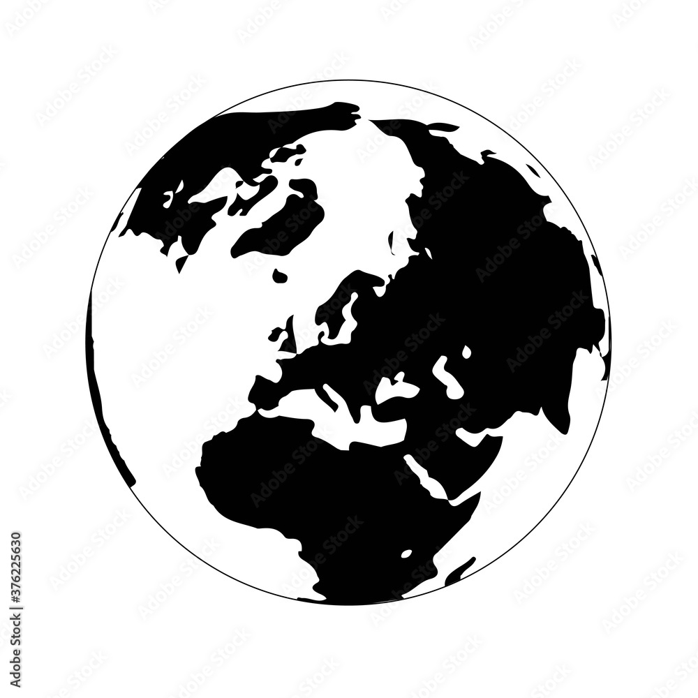 Earth globe monochrome icon. Eurasia and Africa black silhouette on white