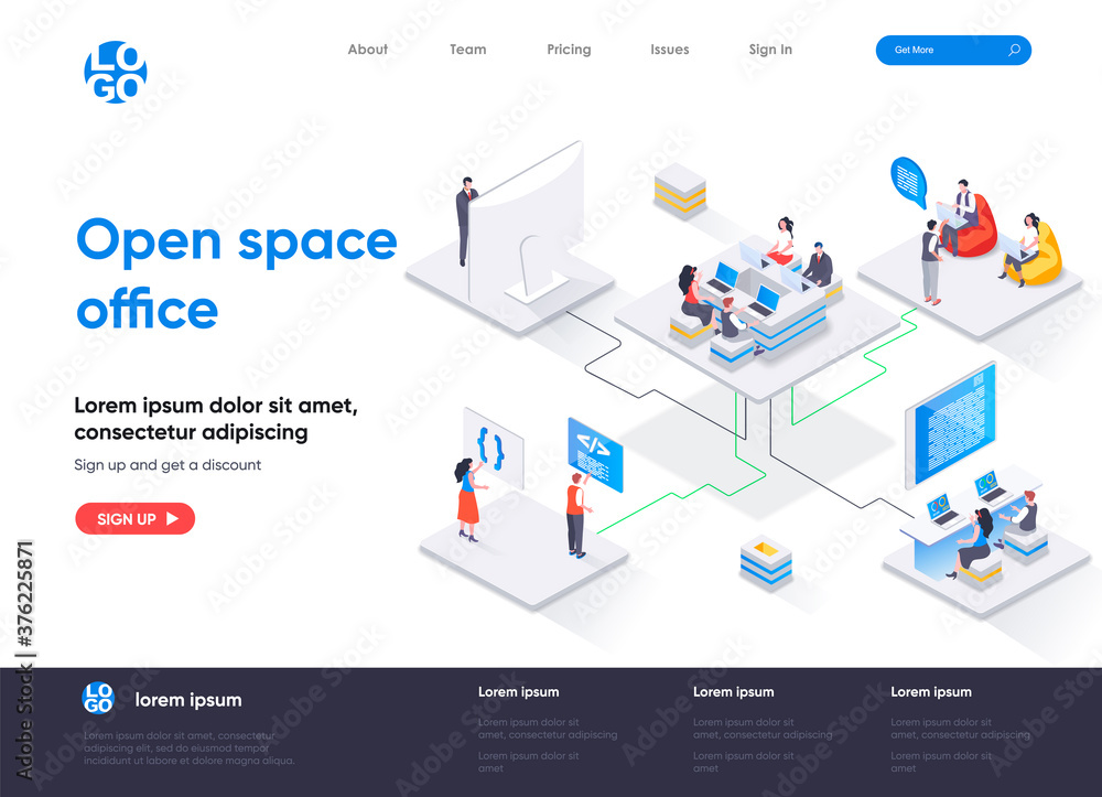 Open space office isometric landing page. Collaboration at coworking open space isometry concept. Comfortable workplace for developers team flat web page. Vector illustration with people characters.