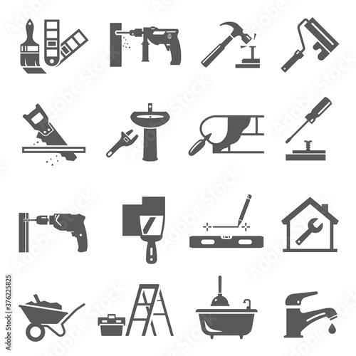 Home repair, maintenance bold black silhouette icons set isolated on white. Toolbox, ladder.