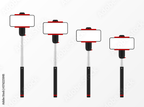 Monopods of different length with mobile phone realistic mockups set. Selfie sticks adjustable.