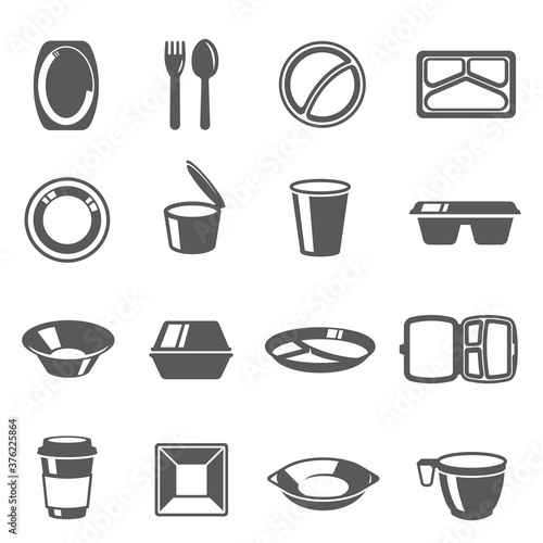 Disposable tableware, plastic dishes icons set isolated on white. Plate, cup, bowl.