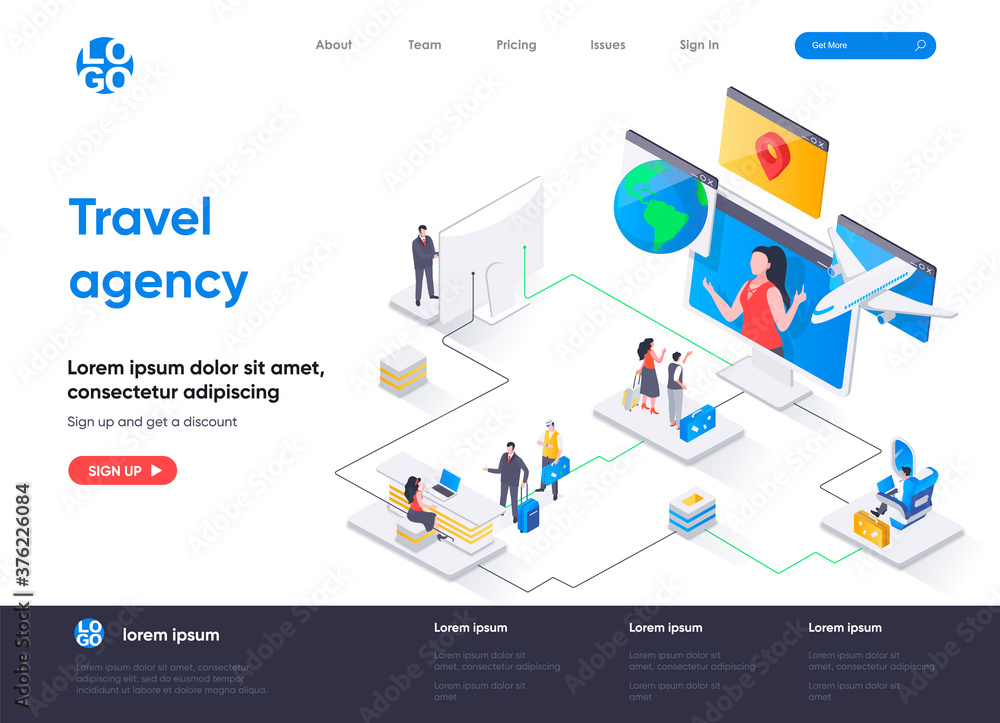 Travel agency isometric landing page. Online booking service, comfortable air transportation, airport boarding isometry concept. Tour operator flat web page. Vector illustration with people characters