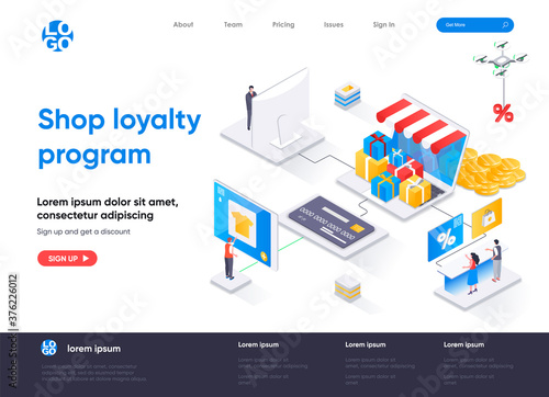 Shop loyalty program isometric landing page. Marketing strategy of attracting and retaining customers isometry concept. Online retail loyalty flat web page. Vector illustration with people characters.