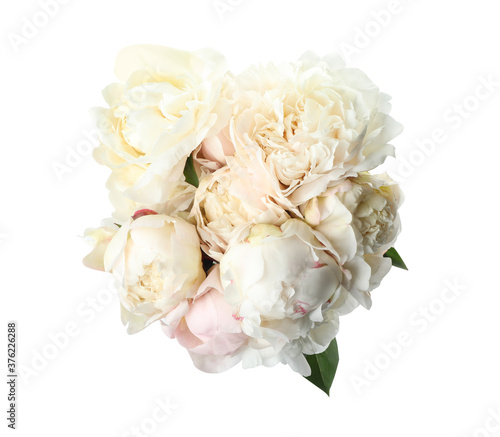 Bouquet of beautiful peonies on white background