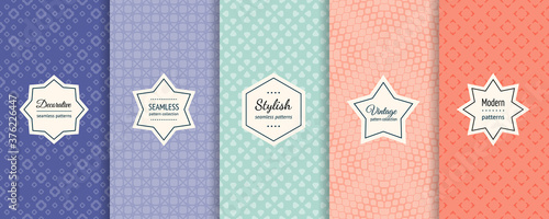Vector geometric seamless patterns. Collection of colorful background swatches with elegant minimal labels.  Cute abstract floral textures. Subtle modern design. Blue, turquoise, pink, orange color