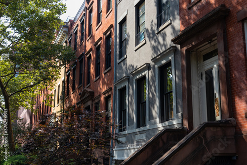 Row of Colorful Old Brick Residential Buildings in the West Village of Greenwich Village in New York City
