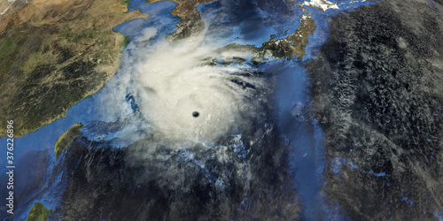 Fototapeta Naklejka Na Ścianę i Meble -  Typhoon Haishen shown from Space. Extremely detailed and realistic high resolution 3d rendering with elements furnished by NASA.
