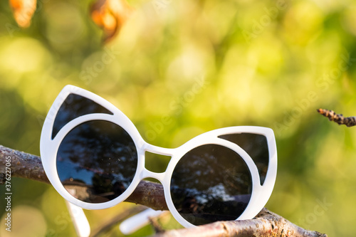 Cat eye sunglasses design model for women shoot outside in nature closeup. Selective focus 