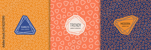 Vector geometric seamless pattern collection. Set of simple colorful background swatches with elegant minimal labels, stickers. Abstract modern funky textures. Orange, yellow, blue color. Cute design