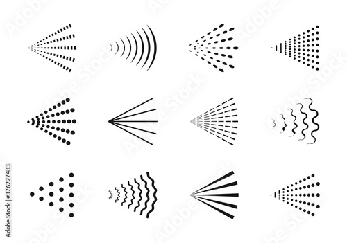 Spray steam icons. Vector cleanning deodorant sprayed line icon set, spraying water steam nozzle flows vector signs