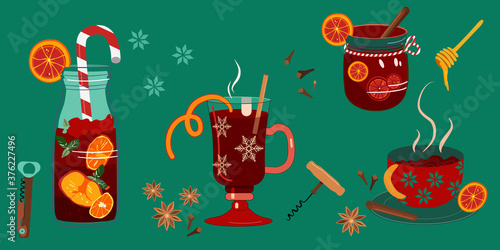 Mulled red wine in different special glasses,jar with stripped tube,bow.Corkscrews for opening bottles.Anise,cinnamon stick and orange slices for better aroma.Hot drink for Christmas, New year party s