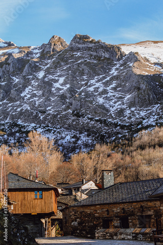 Snow mountains in a little old village - Peñalba de Santiago, El Bierzo, Spain photo