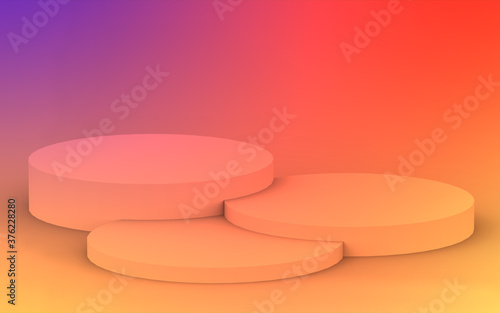 3d yellow orange and purple neon light cylinder podium minimal studio gradient colors background. Abstract 3d geometric shape object illustration render. Display for summer holiday product.