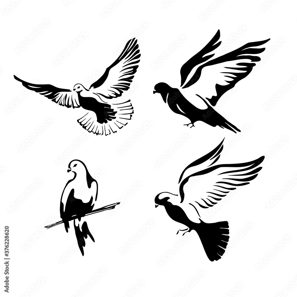 Obraz premium A set of doves flies with spread wings in the sky or sits. Logo template or icon isolated symbol of peace freedom or postal delivery and tattoo