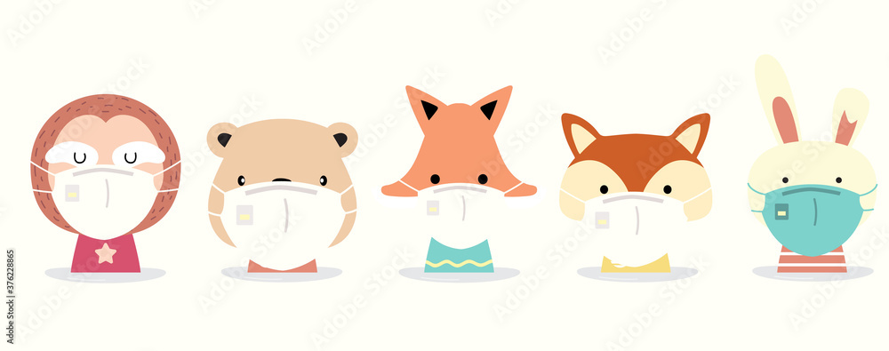 Cute animal object collection with  sloth,rabbit,fox,squirrel,bear wear mask.Vector illustration for prevention the spread of bacteria,coronviruses