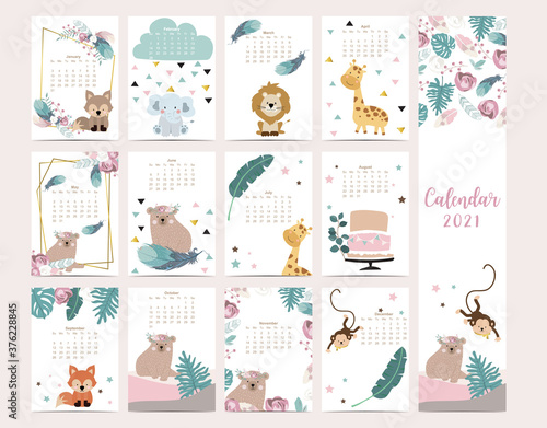 Cute woodland calendar 2021 with bear,giraffe,fox,leaves for children, kid, baby