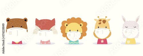 Fototapeta Naklejka Na Ścianę i Meble -  Cute animal object collection with lion,fox,llama,bear,giraffe wear mask.Vector illustration for prevention the spread of bacteria,coronviruses