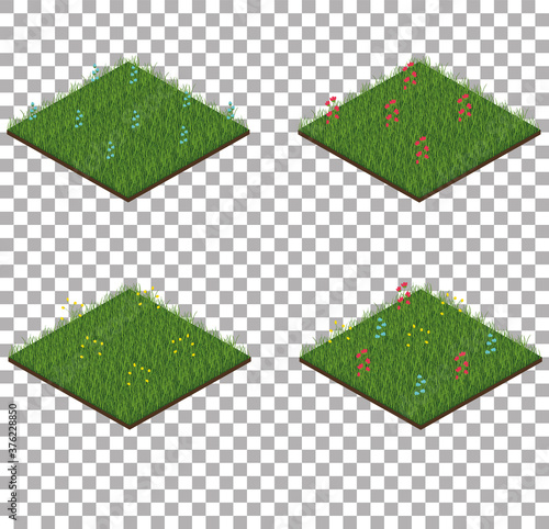 Set of isometric grass tiles with flowers