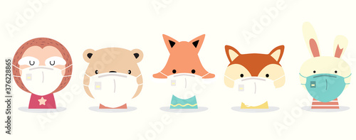 Cute animal object collection with sloth,rabbit,fox,squirrel,bear wear mask.Vector illustration for prevention the spread of bacteria,coronviruses