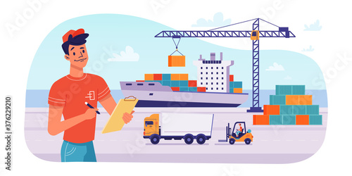 Delivery logistics by ship, parcels shipping loading or unloading in port, vector flat design. Maritime delivery shipment transport, cargo freight logistics, crane loading parcel boxes and containers