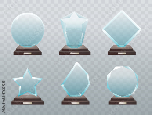 Glass trophy. Collection of isolated vector illustration of modern glass trophies, prizes