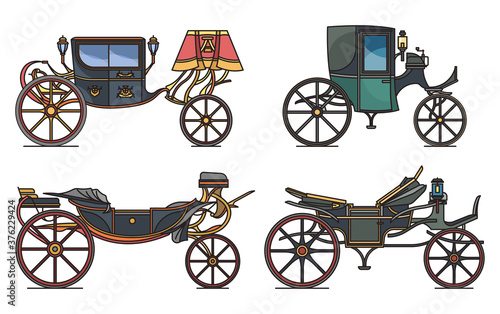 Set of retro cab or carriage, medieval chariot