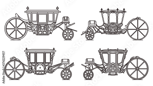 Outline medieval royal carriage icons, retro coach