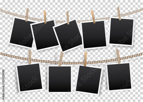 Paper Photo Frame Retro Style Hanging by Clip on Rope, Transparent Background.