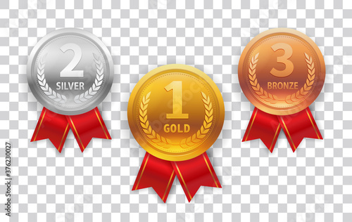 Champion Medal set. Gold, Silver and Bronze Medal with Red Ribbon Icon Sign First, Second and Third Place Isolated on Transparent Background. Vector