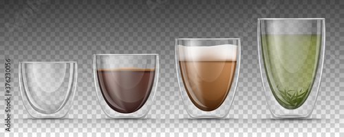 Empty, full glasses with double walls of different sizes on transparent background. 3d realistic glass cups set with hot drinks - isolated black espresso, cappuccino or latte with foam and green tea.