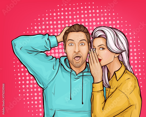Pop art girl talk her surprised man about sale, disconts. Man with shock emotion on his face. Vector illustration isolated on dots pink background.