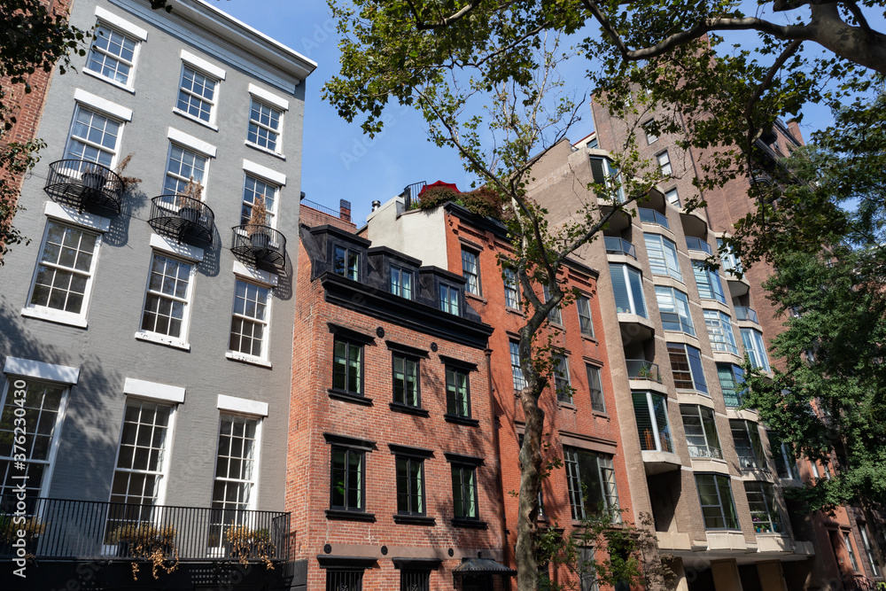 Fototapeta premium Row of Colorful Brick Residential Buildings in the West Village of Greenwich Village in New York City